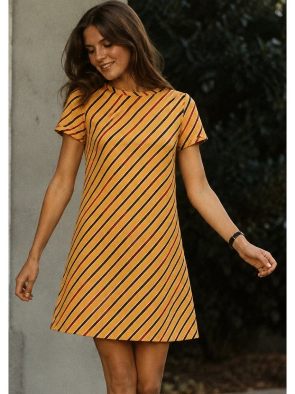 1970s yellow dress A line midi red blue stripes M Patty Woodard Brady Bunch VTG